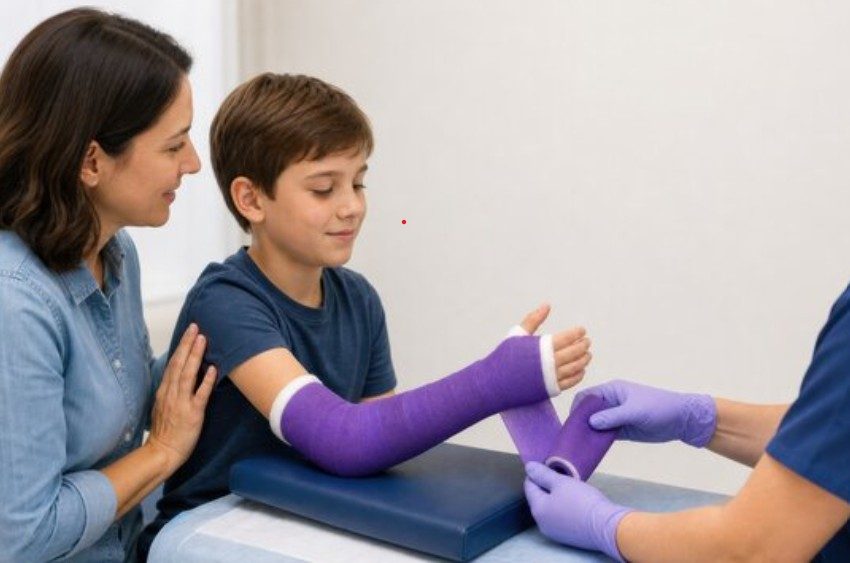 Modern lightweight fiberglass casting and fracture care examination by orthopedic specialist